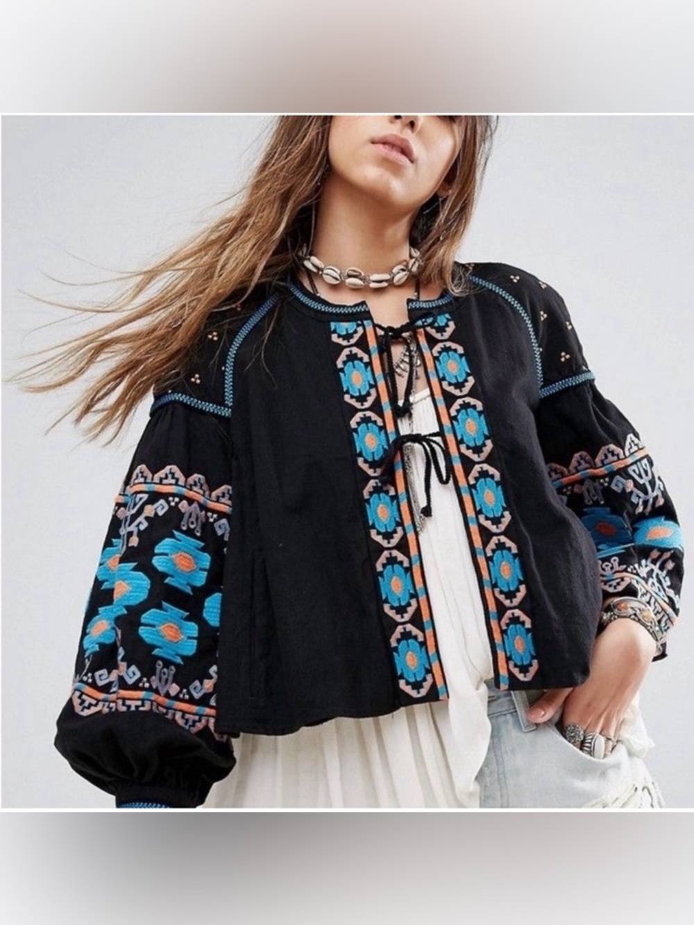 Free People Embroidered Tie-Front Boho Jacket Southwestern Puff Sleeve Black - Picture 1 of 12